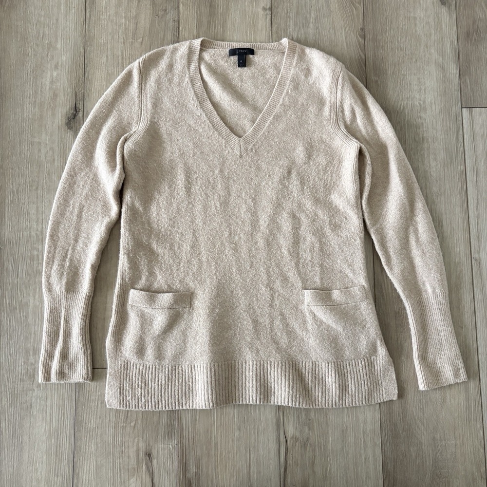 J Crew Sweater Wool Alpaca V Neck Pocket Tunic Supersoft Beige Womens XS